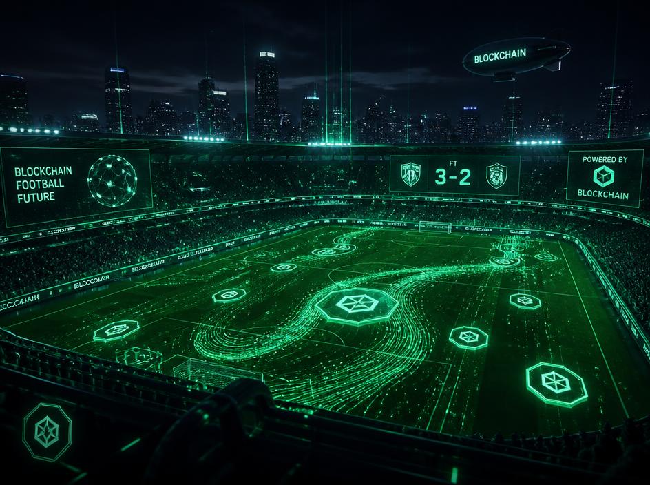 Floodlit stadium with green data streams across the pitch